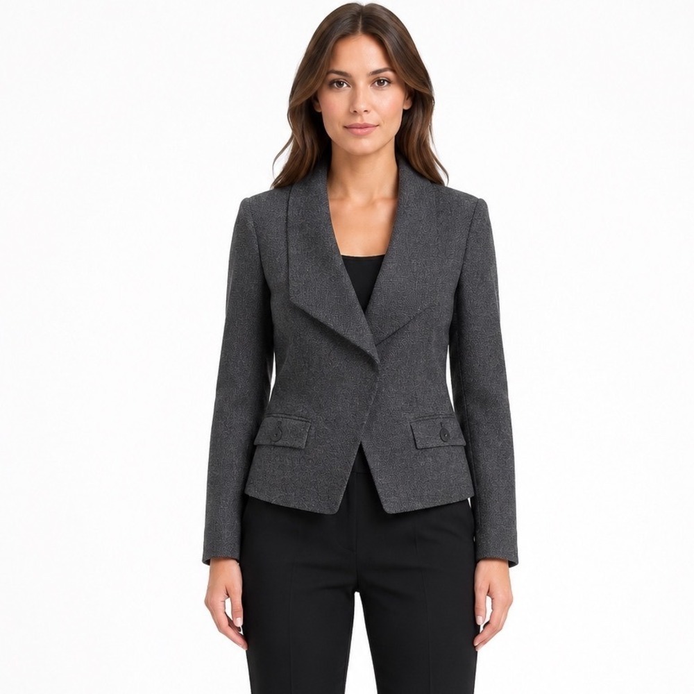 Ann Taylor Charcoal Grey Tweed Shawl Collar Single Button Blazer 12 Chic 113-15